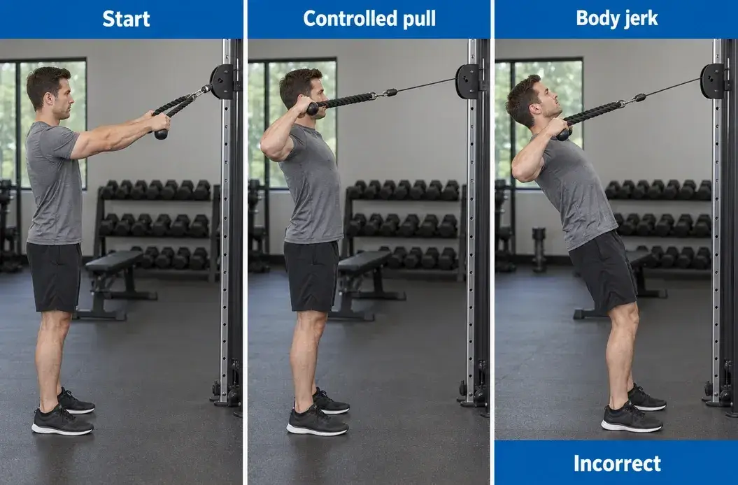 Cable face pull from a controlled forward reach to rope ends beside the face, compared with a backward body jerk.