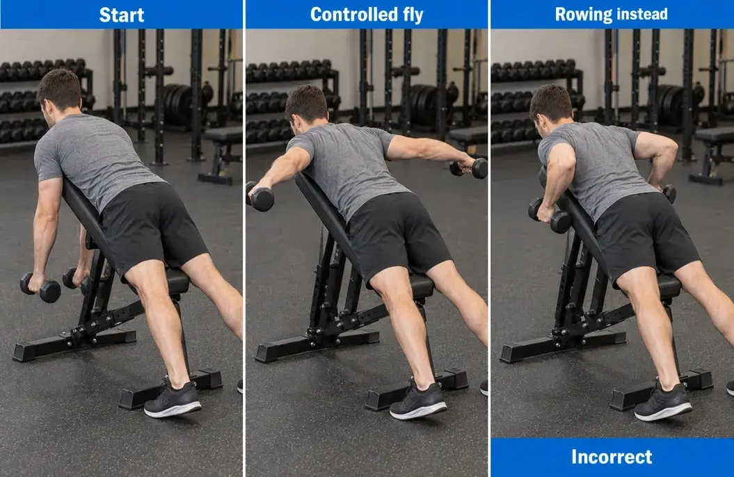Chest-supported dumbbell reverse fly with a steady elbow bend, compared with bending the elbows into a row.