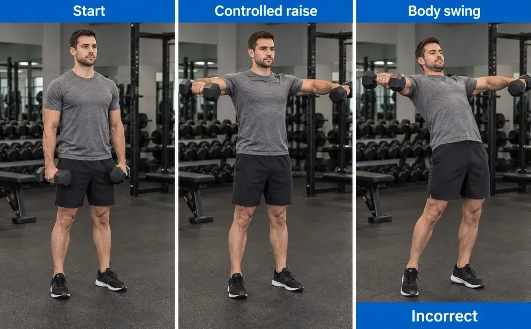 Dumbbell lateral raise from the arms-down start to a controlled raise, compared with a torso-swing error.