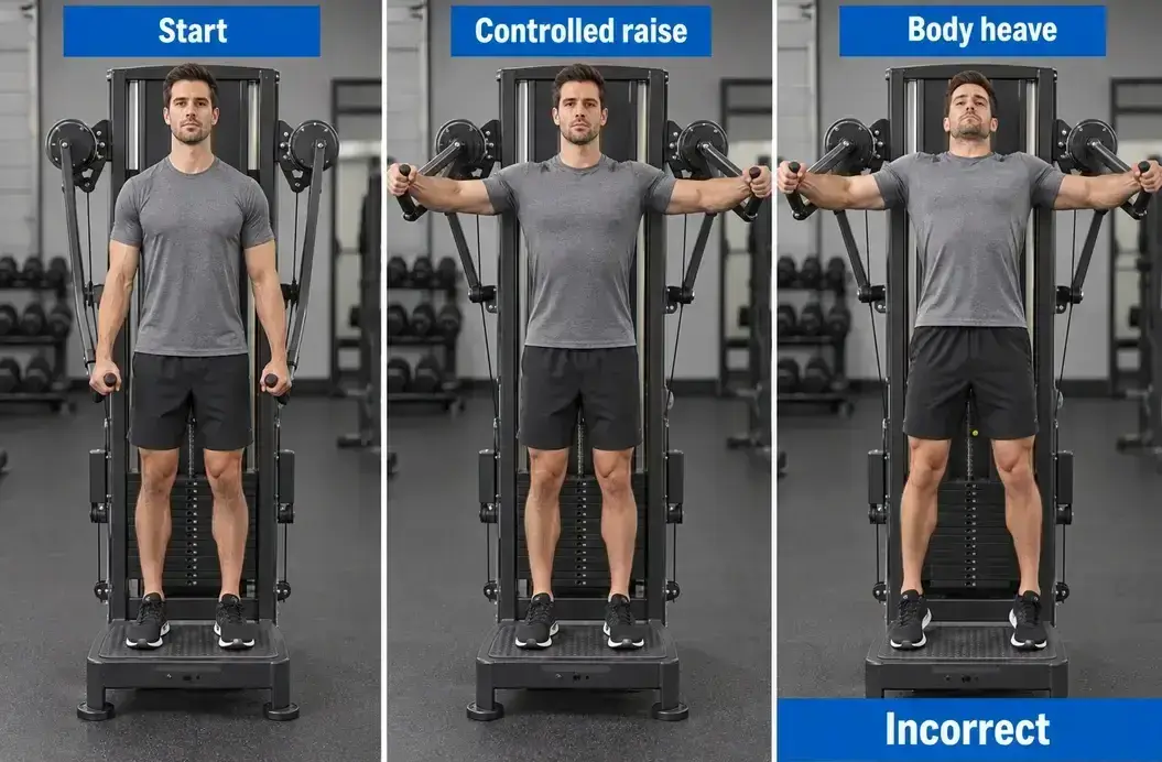 Standing machine lateral raise using handles, showing controlled elevation and a body-heaving error.