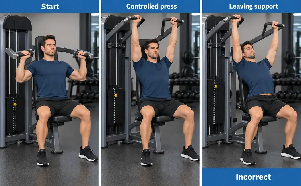 Machine shoulder press shown from the fitted start to a supported finish, with loss of back support shown as an error.