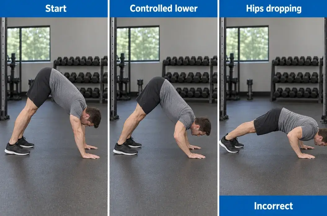 Floor pike push-up at the raised-hip start and controlled lowering position, compared with dropping the hips into a different push-up.