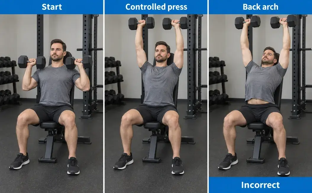 Seated dumbbell shoulder press at the start and overhead finish, compared with an excessive back-arch error.