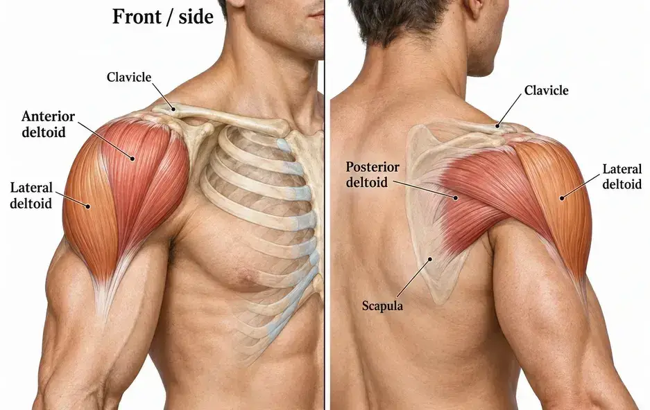 Front-side and rear-side views locating the anterior, lateral, and posterior regions of the deltoid around the shoulder.