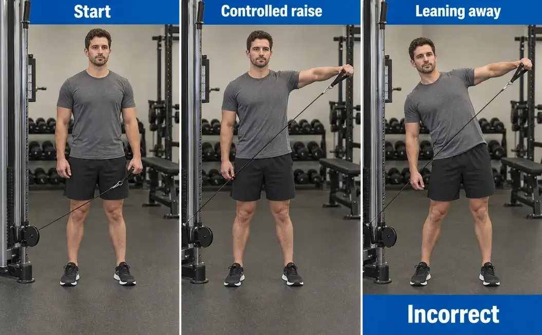 Single-arm cable lateral raise with a connected pulley and stable stance, compared with leaning away to finish.