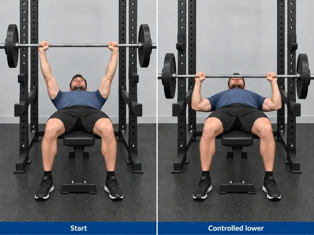 Flat barbell bench press at the unracked start and controlled lower position, with stable body support and rack safeties.