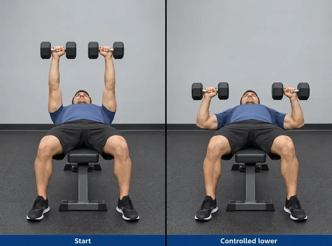 Flat dumbbell bench press showing the supported start and a controlled lower position with separate hand paths.