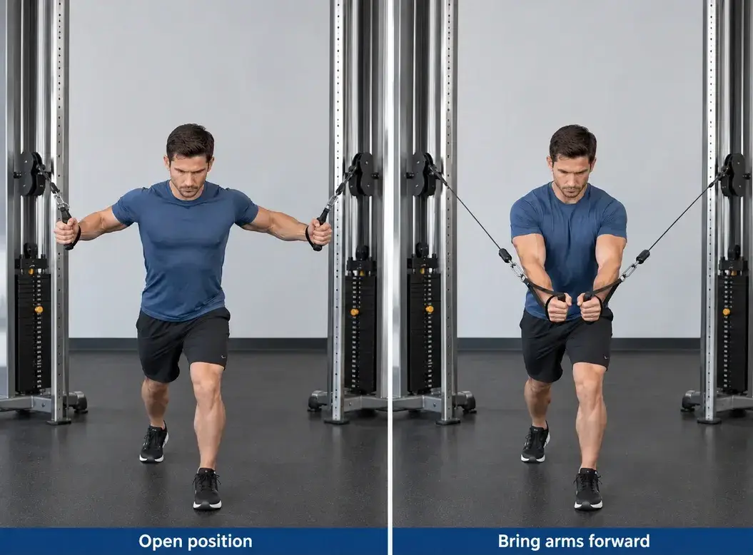 Standing bilateral cable fly showing a controlled open position and the arms brought forward with a similar elbow bend.