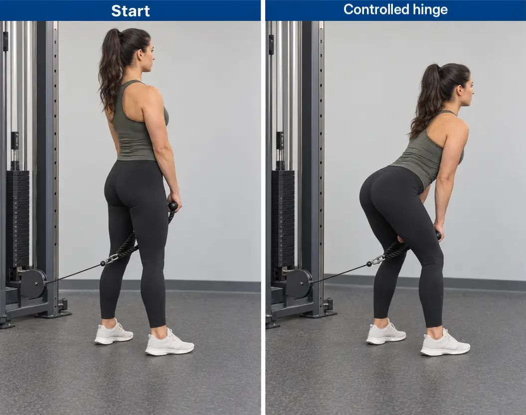 Cable pull-through with one low outlet behind the body, comparing the standing start and a controlled hip hinge while both hands hold the rope between the legs.