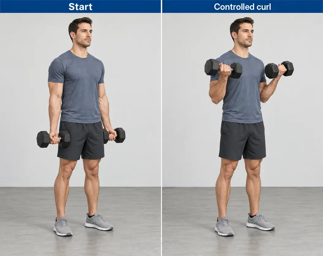Standing dumbbell curl at the arms-lowered start and controlled curl, with palms facing forward and the upper arms near the torso.