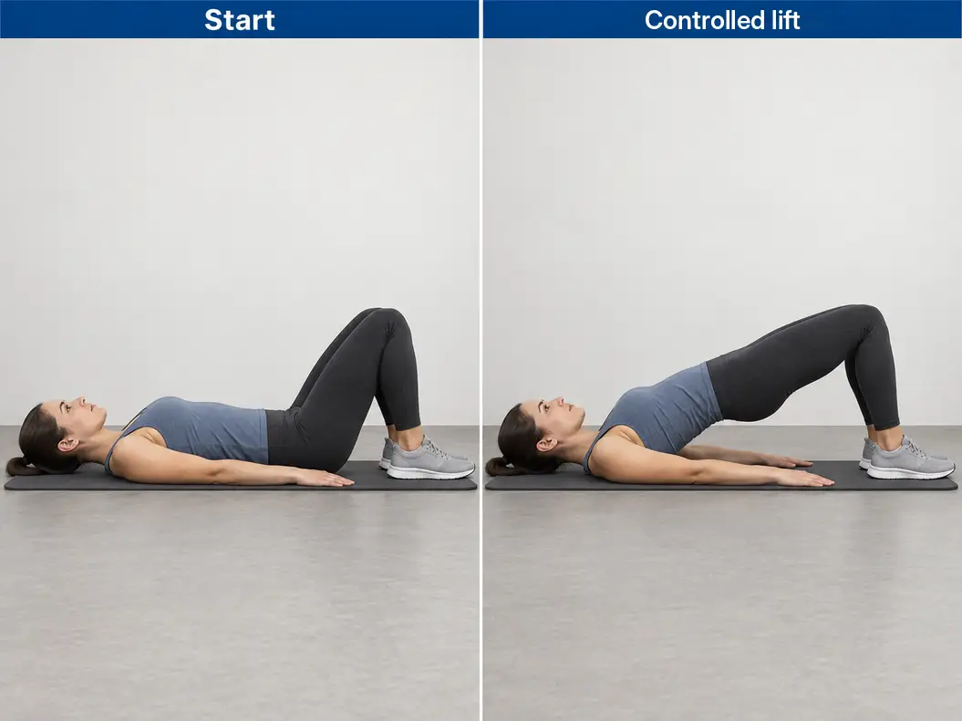 Side-by-side floor glute bridge with the pelvis on the floor at the start and raised through controlled hip extension, while the head, upper back, and both feet stay supported.