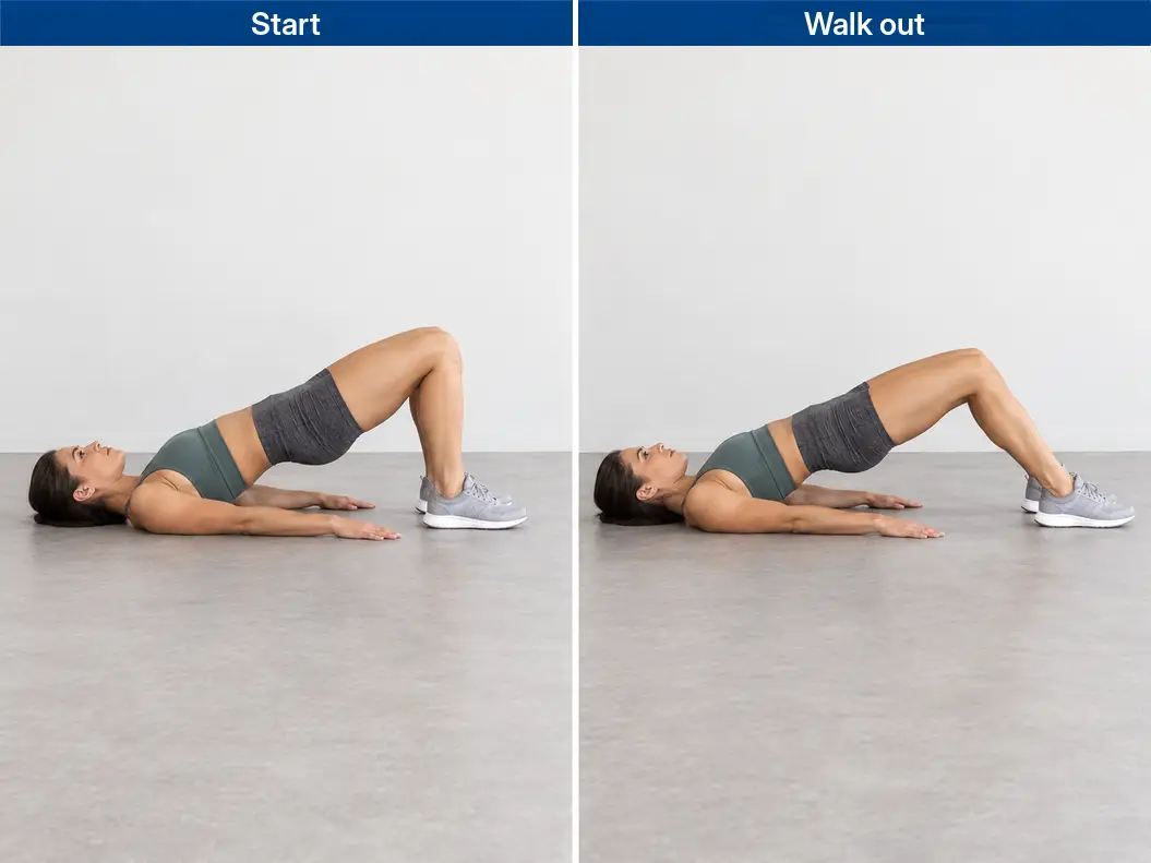 Hamstring walkout from a raised bridge to a short outward heel position, keeping the hips lifted and knees bent.