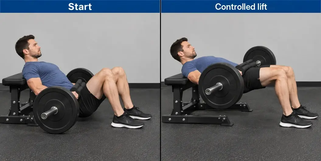Barbell hip thrust at the lower position and hip-extension finish, with the padded bar over the pelvis and upper back on stable support.