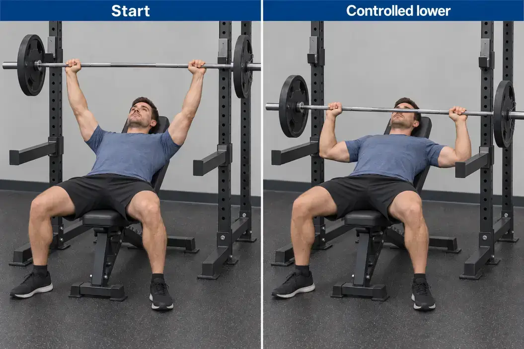 Incline barbell bench press at the unracked top and controlled lower position, with the bench and rack setup unchanged.