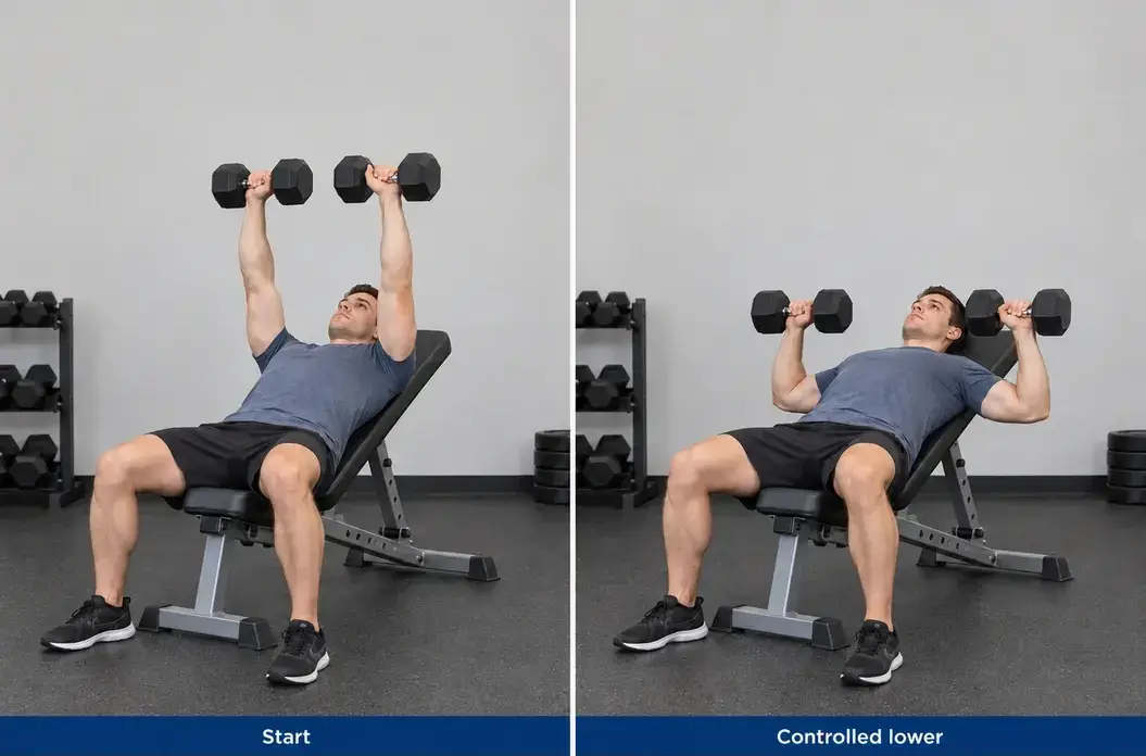 Incline dumbbell press at the top and lower positions on the same modestly inclined, locked bench.