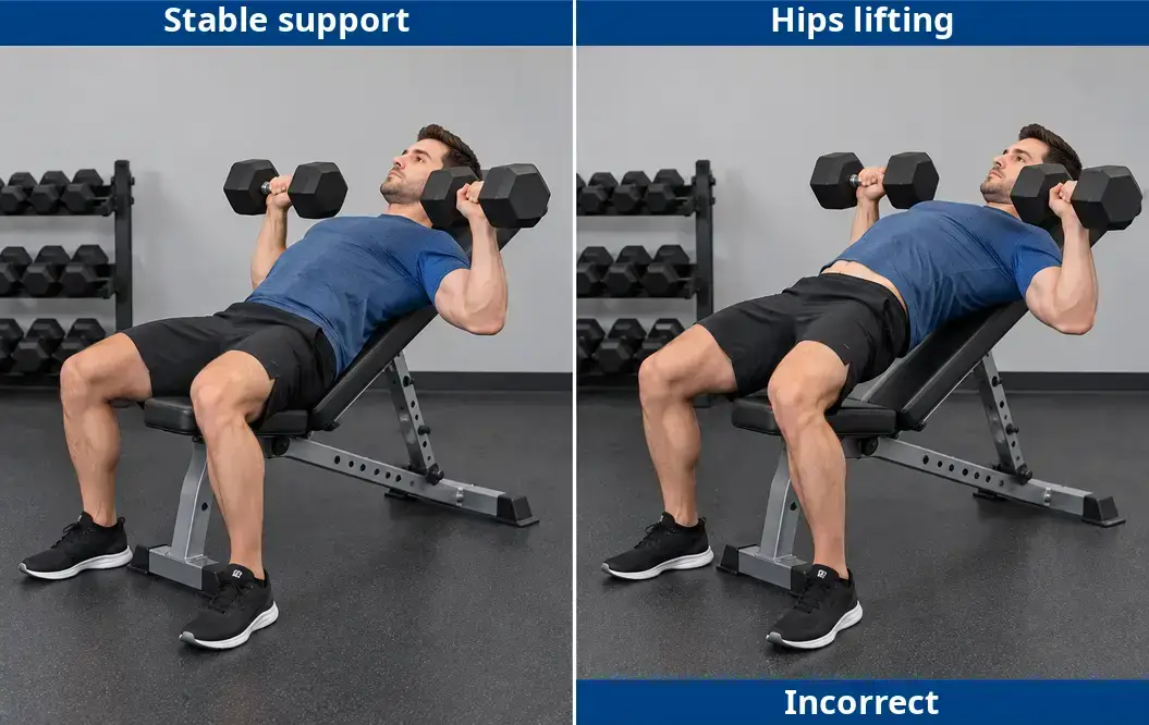 Side-by-side incline dumbbell pressing at the same lower position: stable pelvis support on the left and hips lifting from the seat on the right.