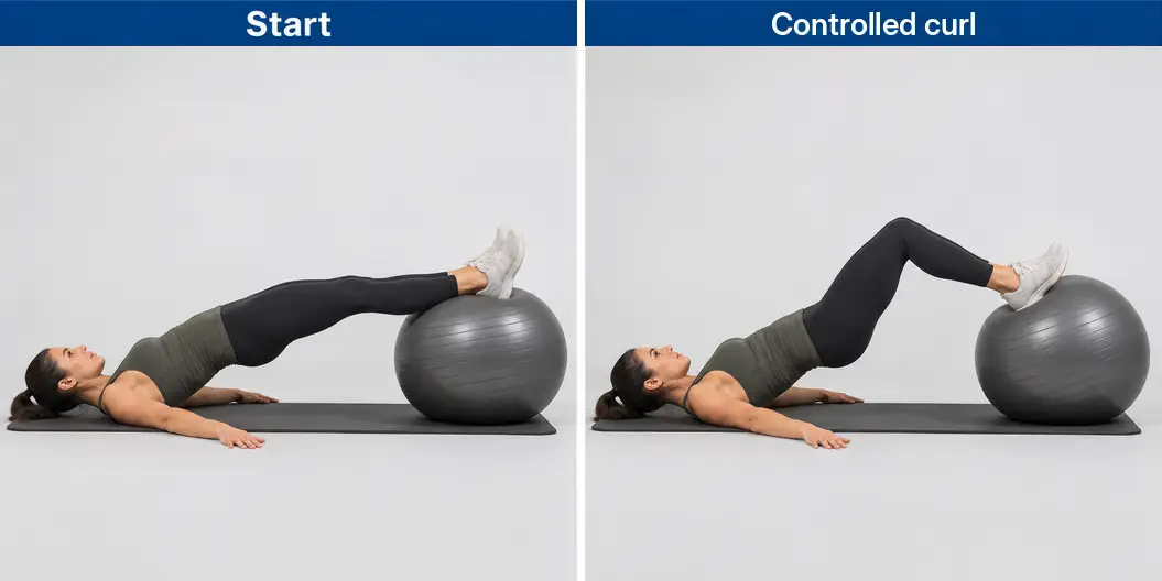 Stability-ball leg curl with the upper back supported on the floor, showing the longer-leg start and the ball rolled closer as both knees bend.