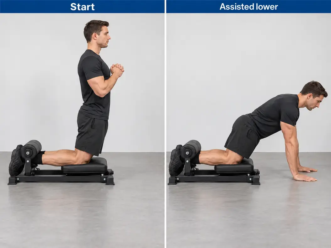 Hand-assisted Nordic lowering on a purpose-built station, moving from upright kneeling to a forward lean with the hands supporting the descent.