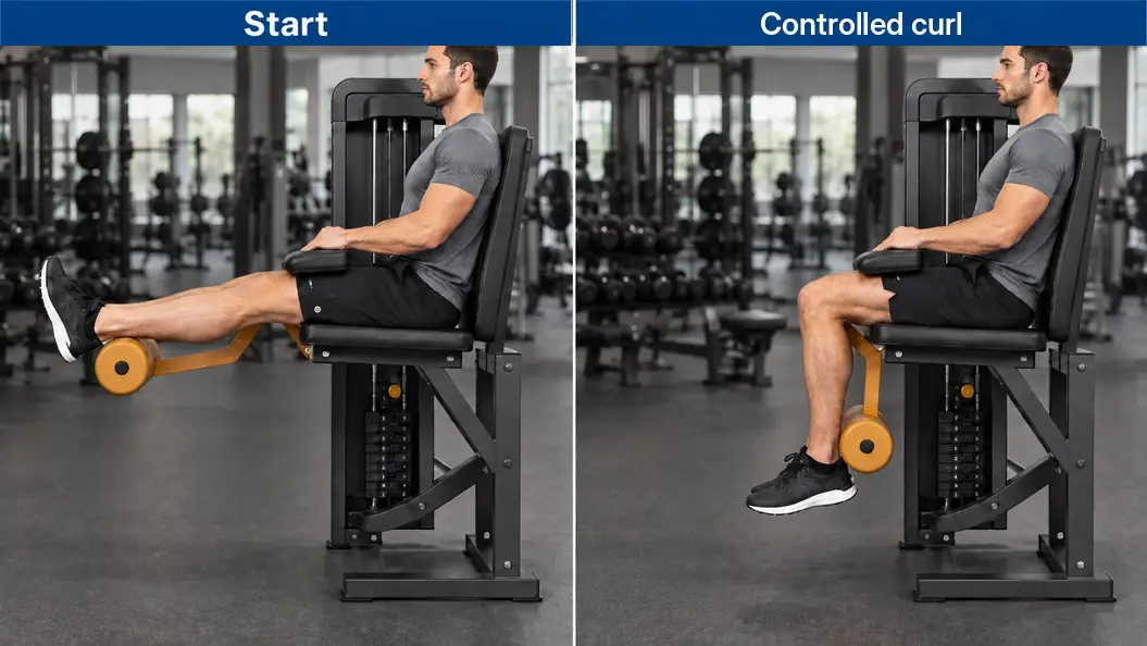 Seated leg curl with the thighs secured, showing the straighter-knee start and knee-bent finish as the lower-leg roller moves down and back.