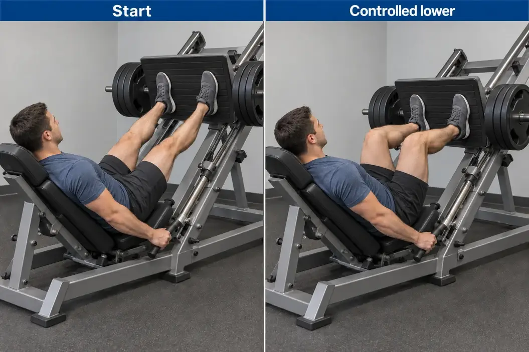 Angled leg press at a controlled top and lower position, keeping the whole feet on the plate and the pelvis against the back support.
