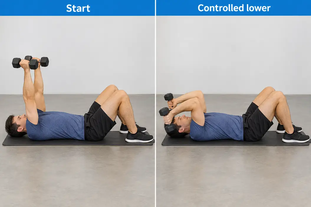 Lying dumbbell triceps extension on the floor, from the controlled top to bent elbows with both weights beside the head and clear of the face.