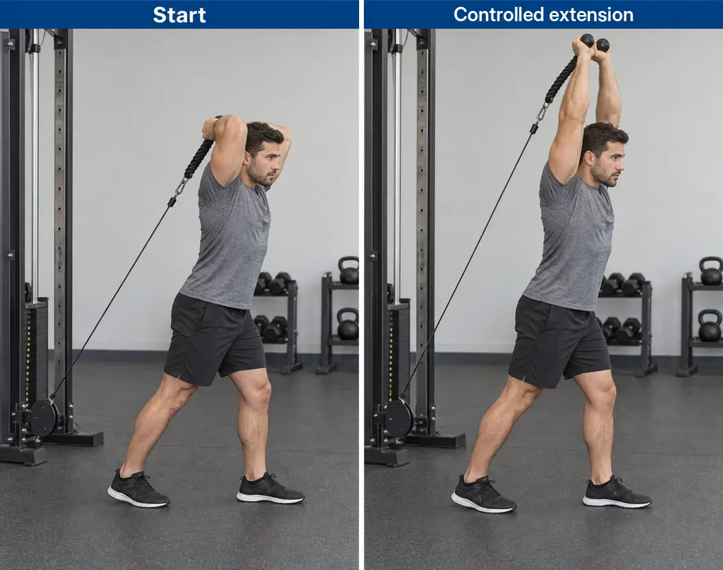 Overhead rope cable triceps extension with the person facing away from one low pulley, showing bent elbows and controlled extension with the upper arms elevated.