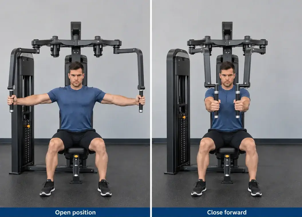 A seated pec-deck chest fly with back support, showing the open handles and their forward closing path.