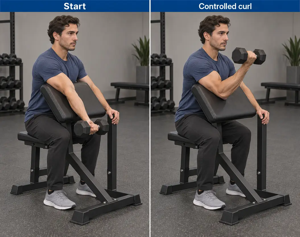 Single-arm dumbbell preacher curl with the working upper arm supported on a sloped pad, comparing the controlled lower position and curl.