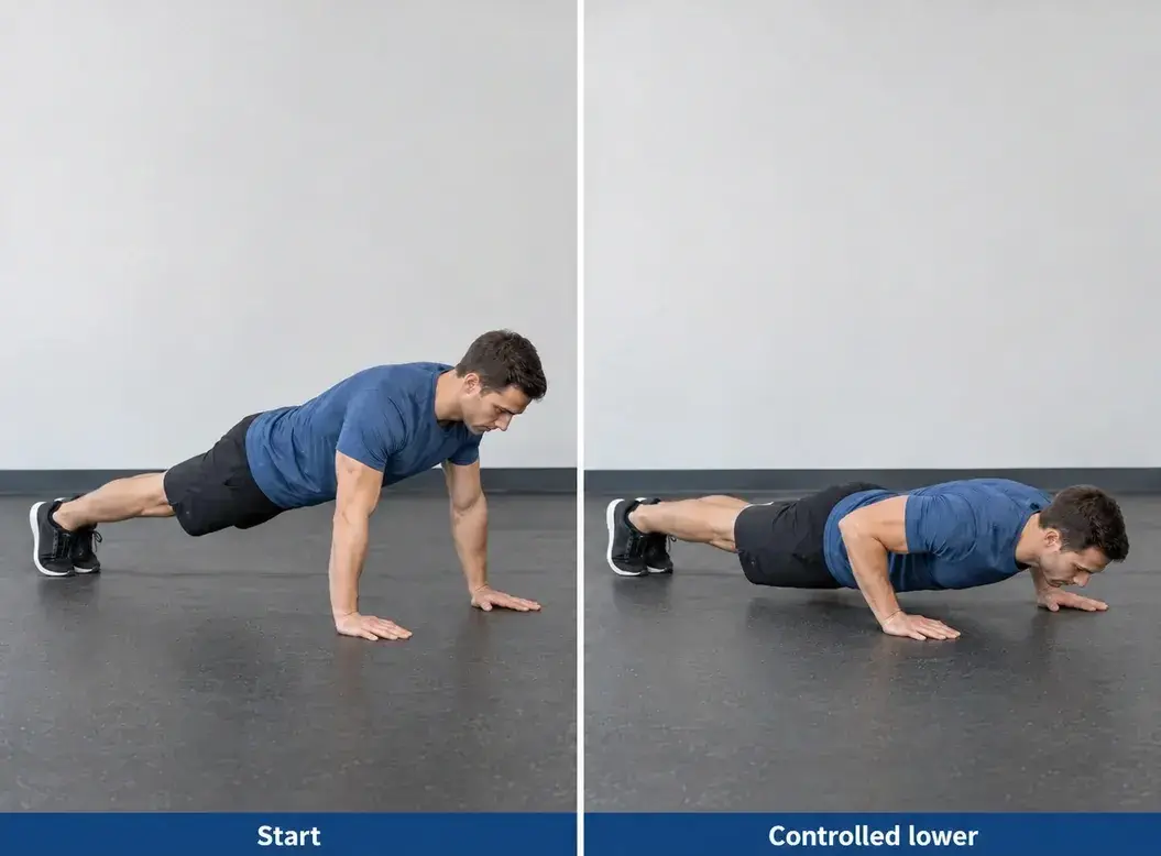 A regular floor push-up shown at the top and during a controlled lower, with the body moving together.