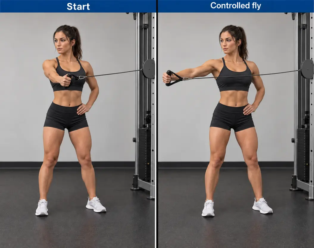 Single-arm cable rear-delt fly with the working arm farther from one pulley, moving from a controlled reach across the front of the body to an open-arm finish.