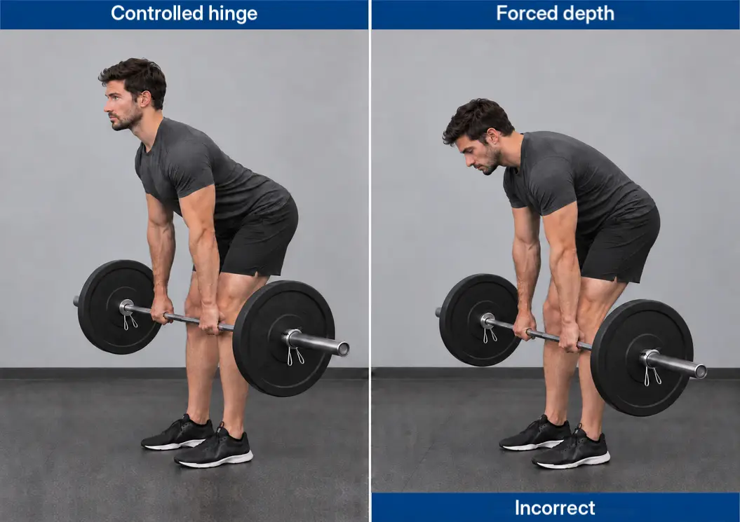 Side-by-side RDL endpoint comparison: a controlled barbell hip hinge on the left and extra reach through a changed, rounded trunk position on the right, marked incorrect.