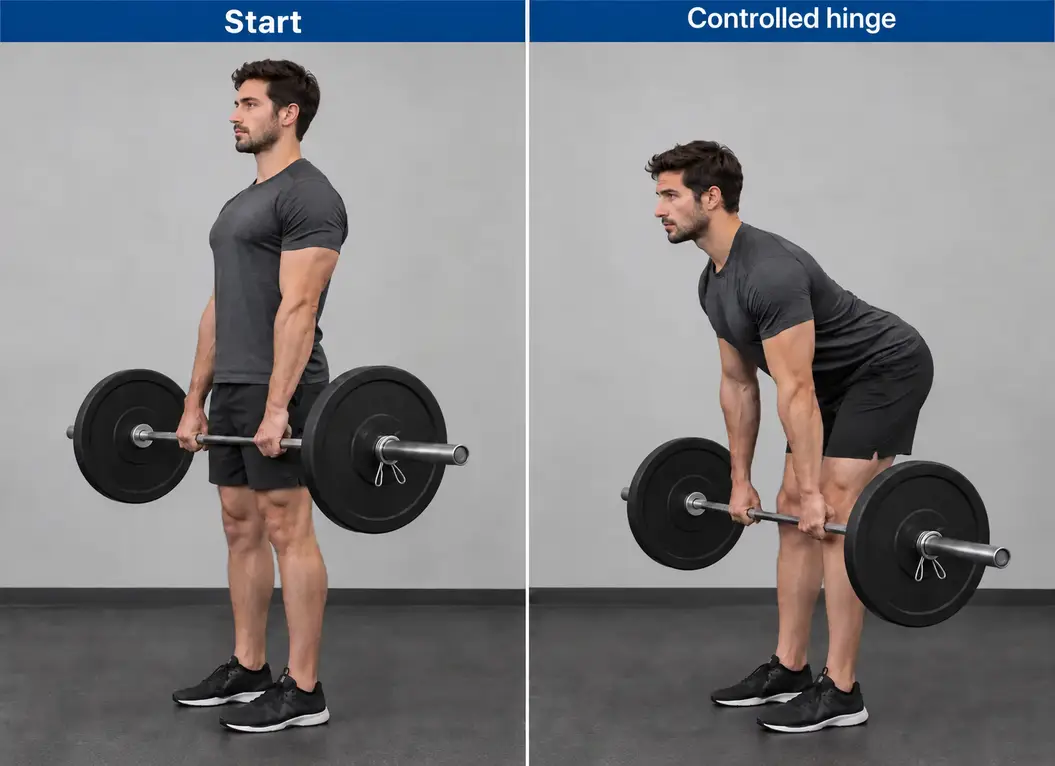 Barbell Romanian deadlift at the standing start and controlled hip-hinge endpoint, with a soft knee bend and the bar close to the legs.
