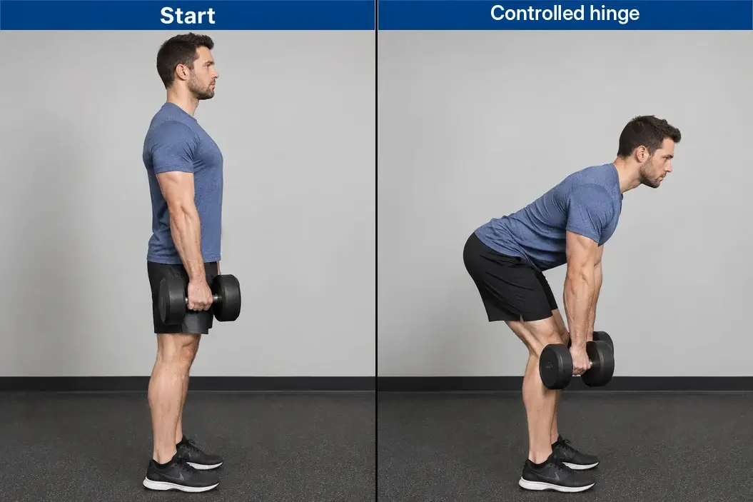 Dumbbell Romanian deadlift from standing to a controlled hip hinge, with softly bent knees and the weights close to the legs.