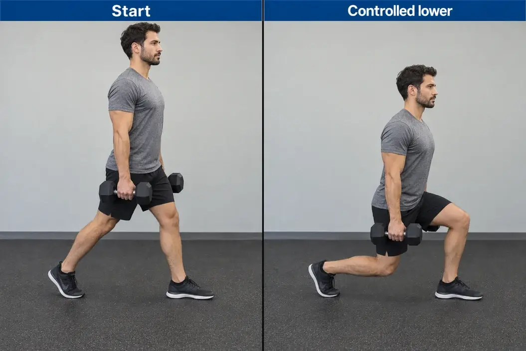 Dumbbell static split squat with the same leg forward at the start and lower position; both feet remain on the floor.