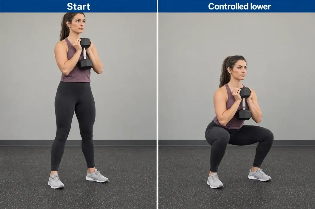 Dumbbell goblet squat at the standing start and controlled lower position, with whole-foot support and the weight held close.