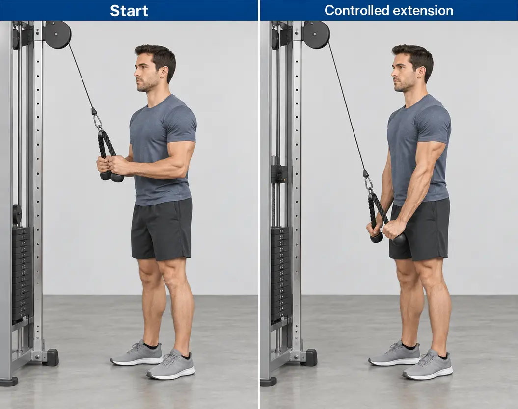 Rope triceps pressdown from bent elbows to controlled extension, with the upper arms near the torso and one high pulley in front.