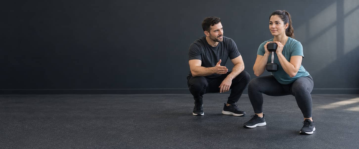 Woman practising a dumbbell goblet squat with a gym instructor beside her.