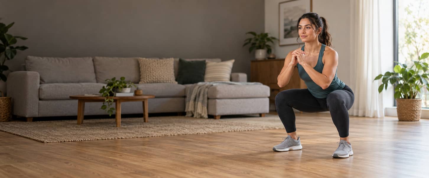 Woman performing a bodyweight squat on a clear floor in her living room.